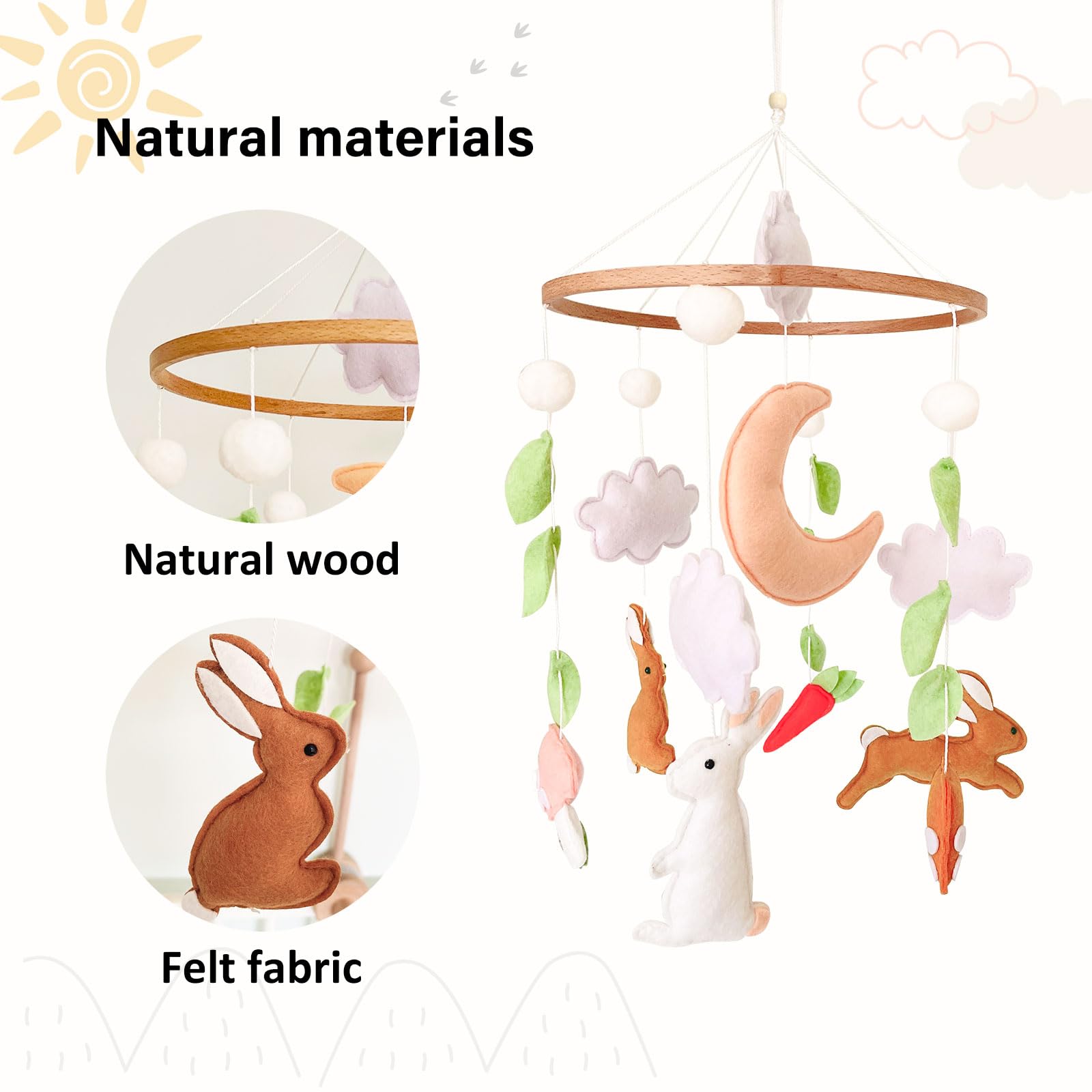 Sweety Baby moon-cloud-woodland mobile provides gentle visual focus in the crib.