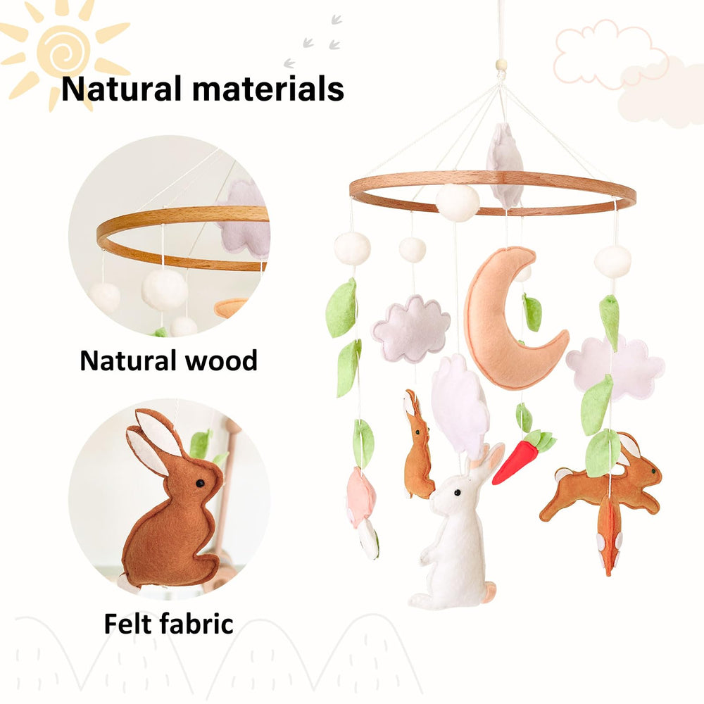 Sweety Baby moon-cloud-woodland mobile provides gentle visual focus in the crib.