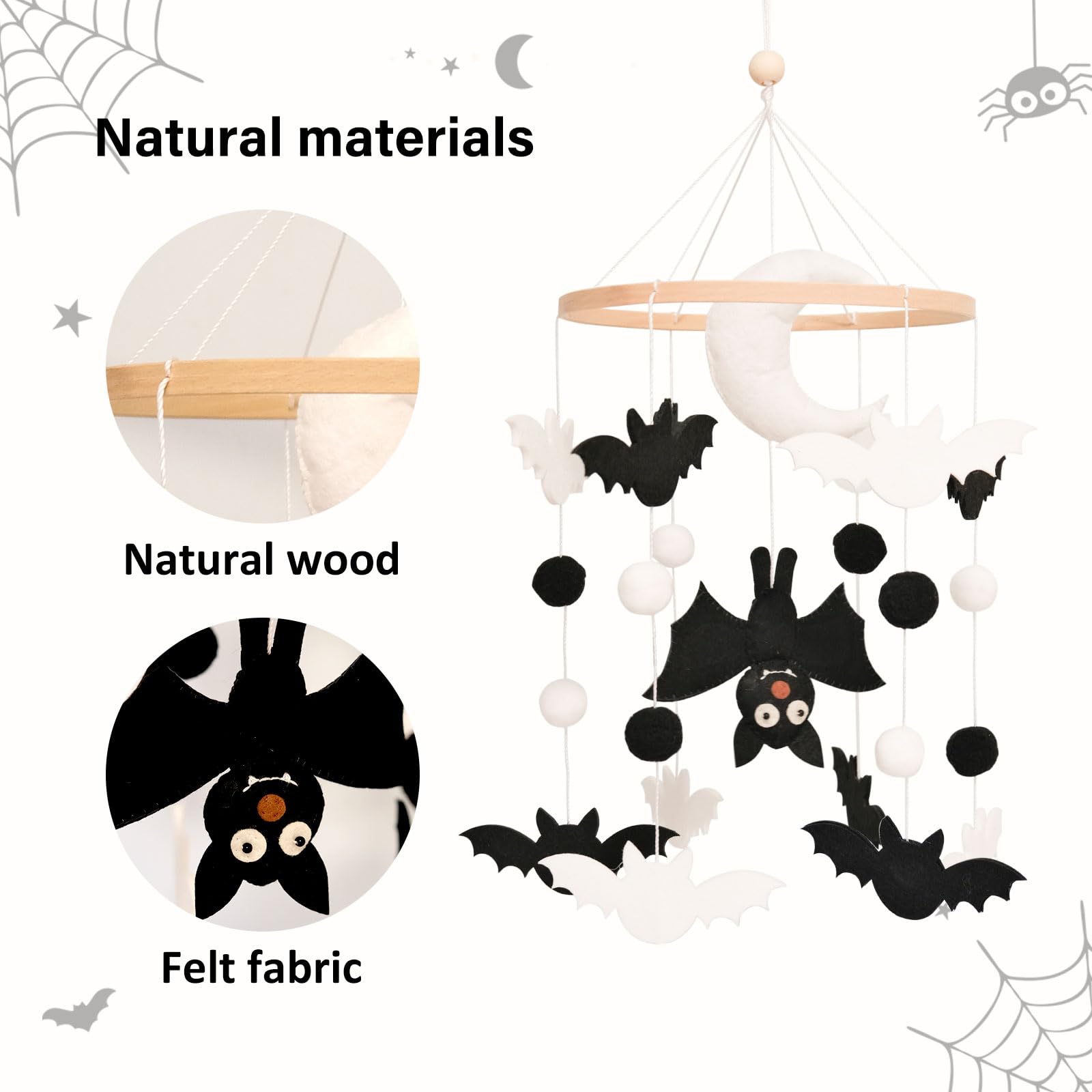 Sweety Baby moon mobile in nursery helps tiny eyes follow shapes.