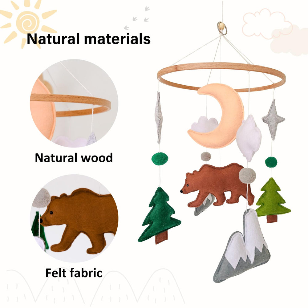 Sweety Baby Woodland Mobile bear scene highlights plush bear for gentle curiosity.
