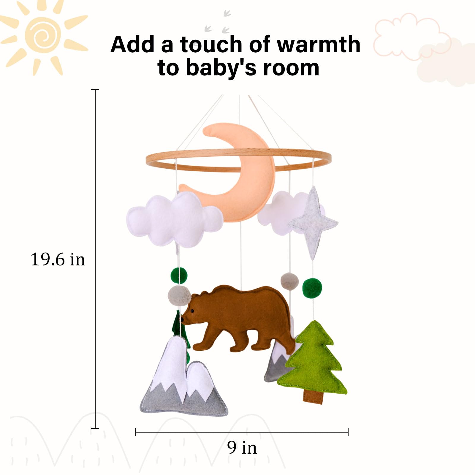 Sweety Baby Woodland Mobile crib-angle view shows safe hanging height.