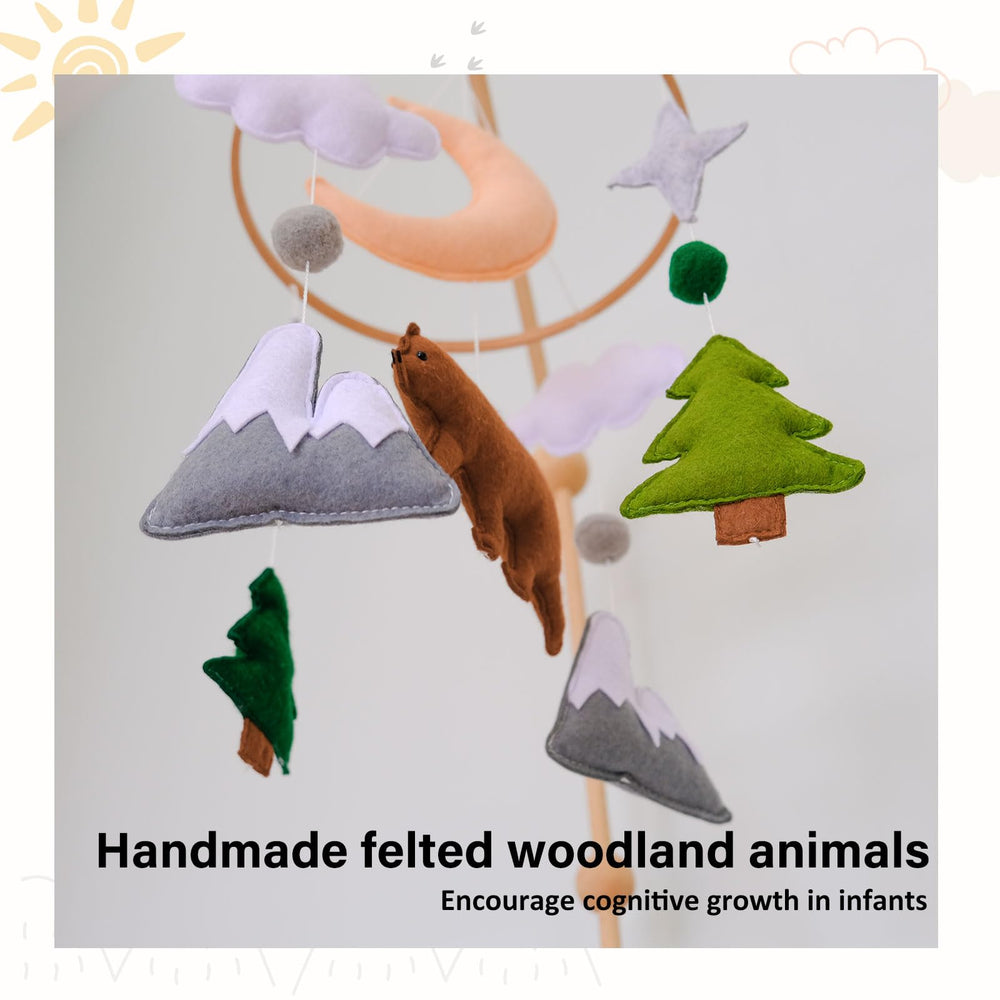 Sweety Baby Woodland Mobile mountain and trees offer engaging visuals for exploration.