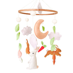 Sweety Baby woodland-rabbit crib mobile with moon and cloud supports visual tracking.