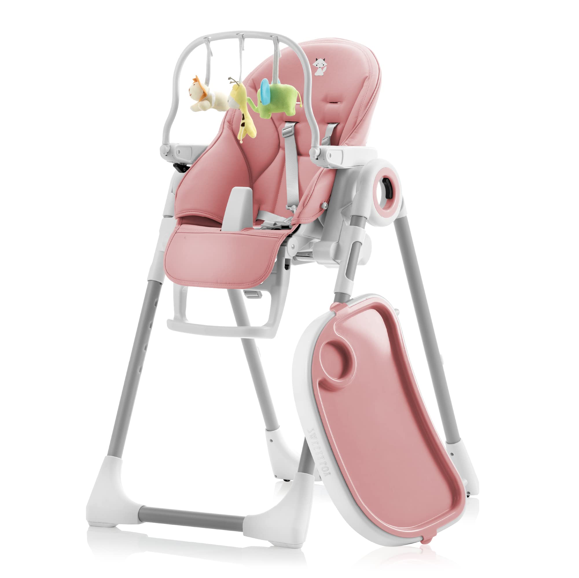 Sweety Fox baby high chair pink folded for compact storage and quick setup.