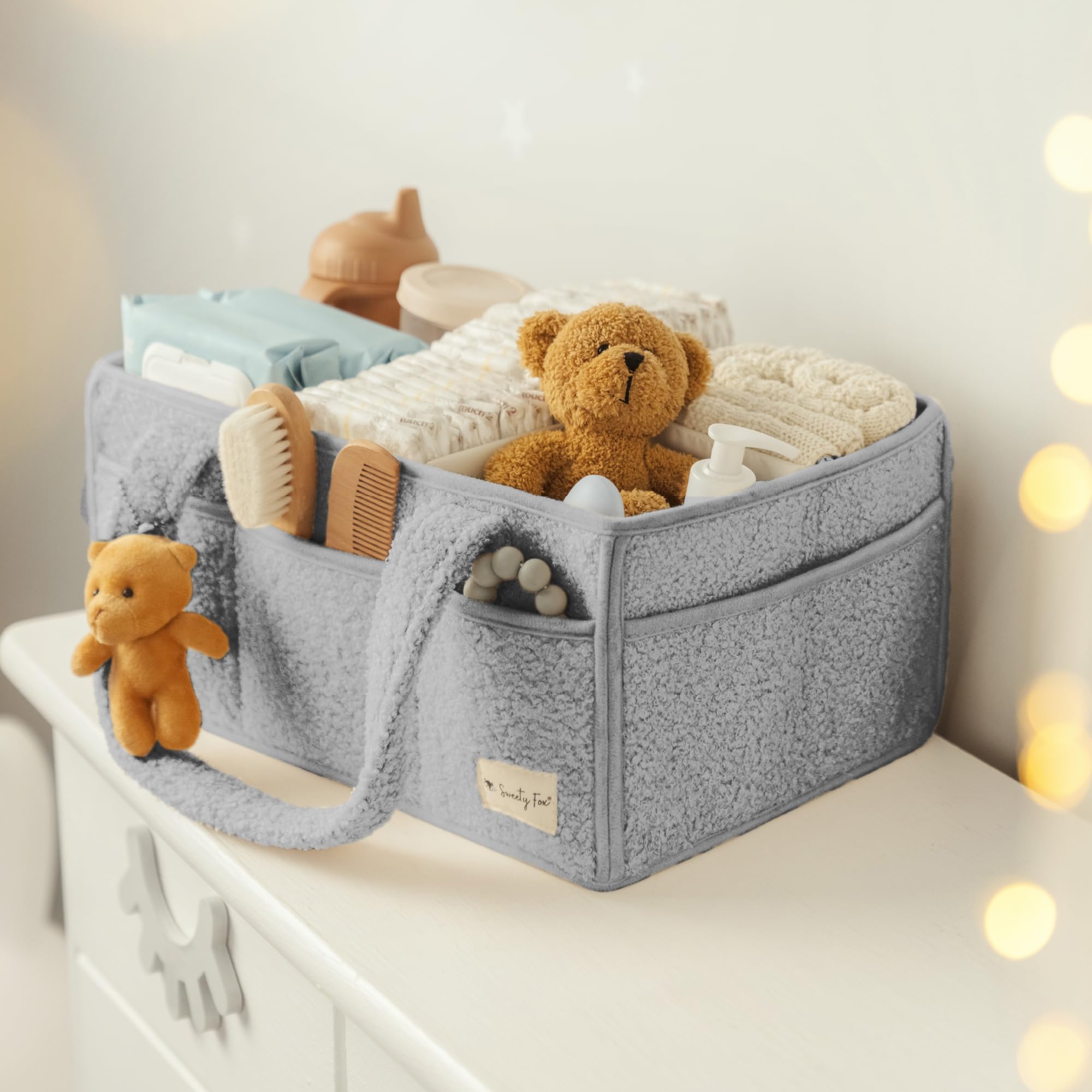 Sweety Fox baby shower gift diaper caddy blends function with luxury.
