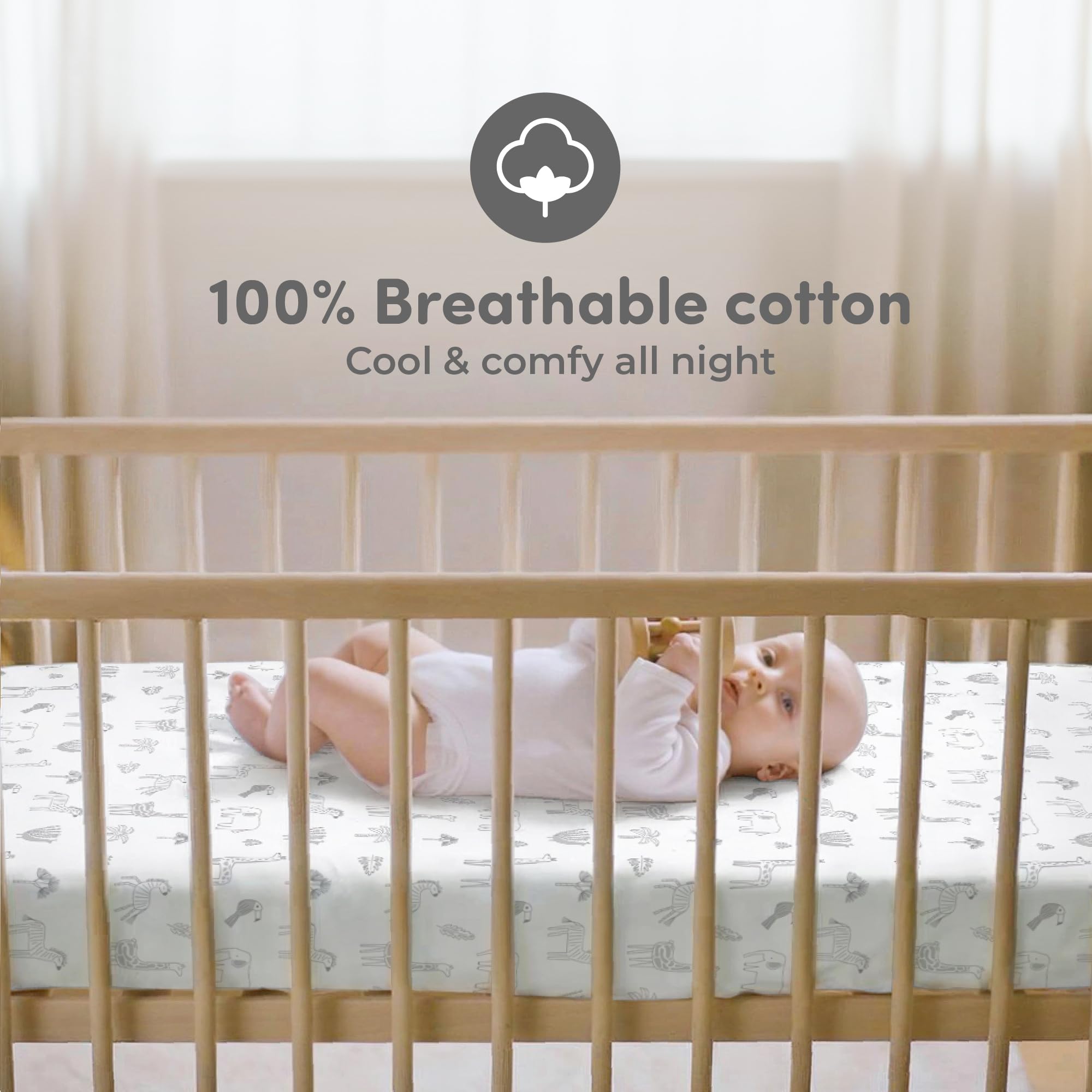 Sweety Fox cotton crib sheets on crib mattress demonstrate secure fit for restful sleep