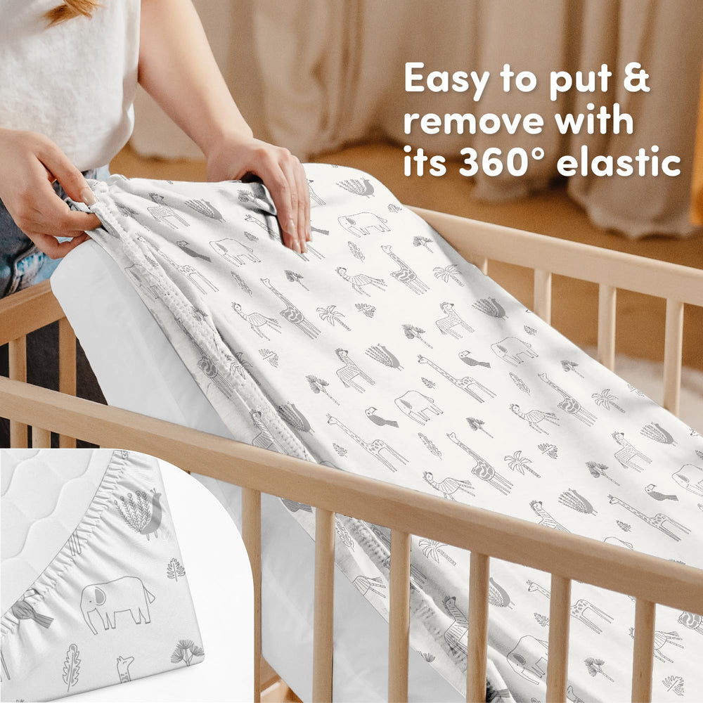 Sweety Fox cotton crib sheets savanna-print closeup showcases gender-neutral style