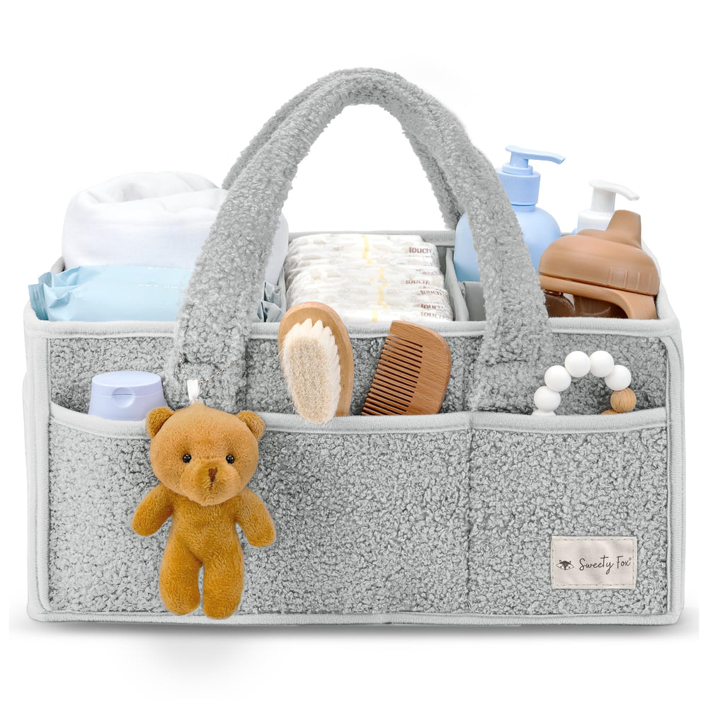 Sweety Fox diaper caddy gray with handle keeps nursery essentials within reach.