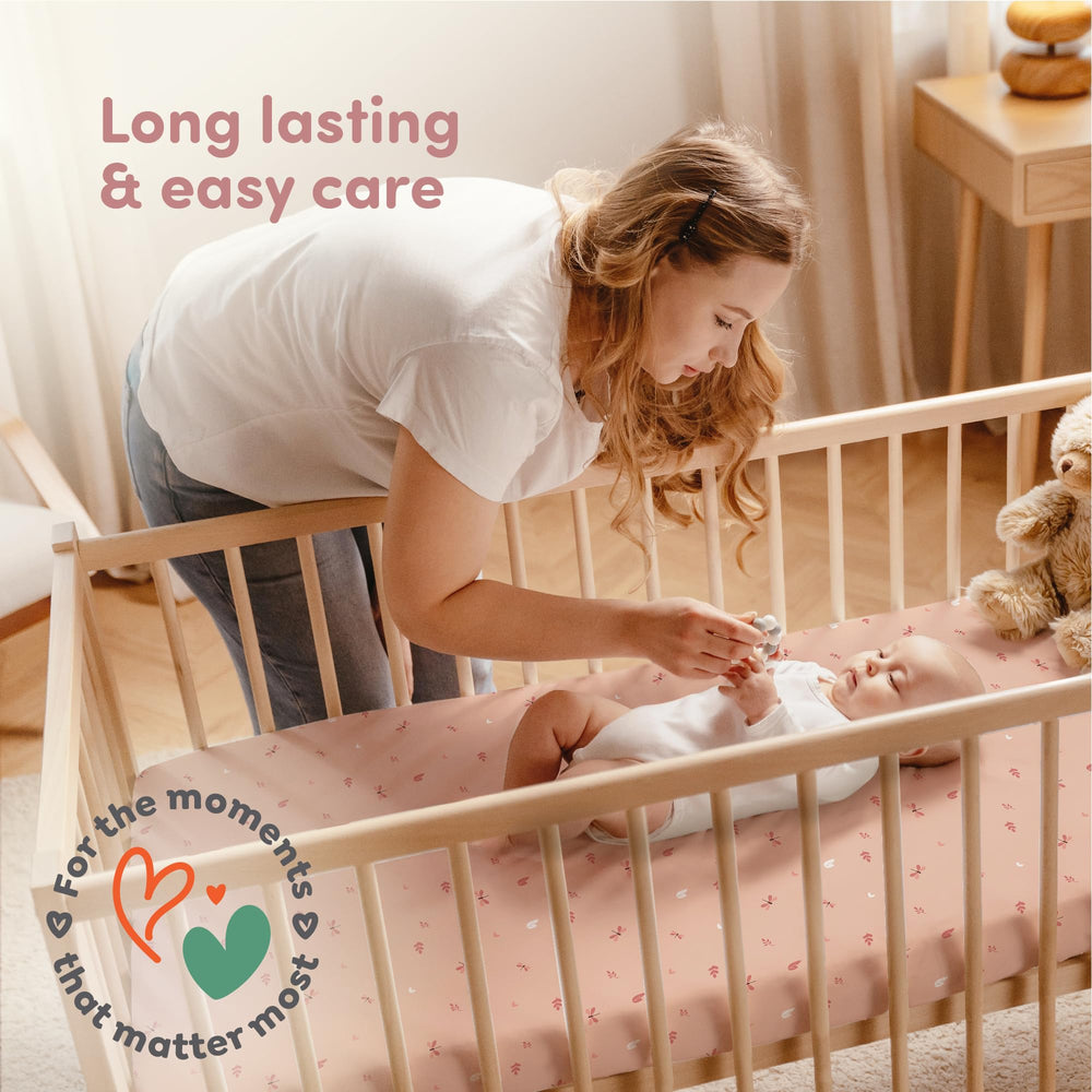 Sweety Fox easy-care machine-washable crib sheets promise simple nursery upkeep.