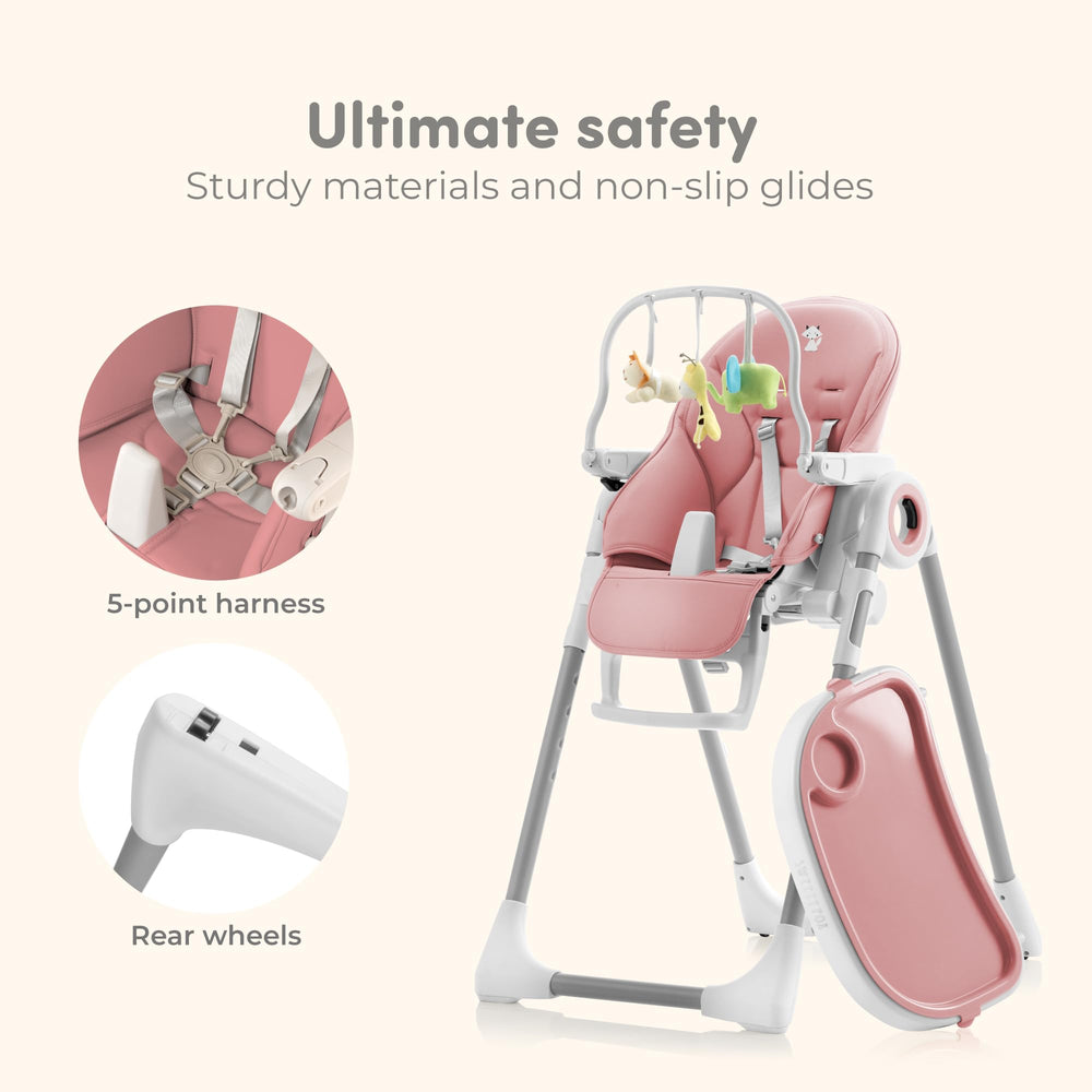 Sweety Fox pink high chair at table for family meals.