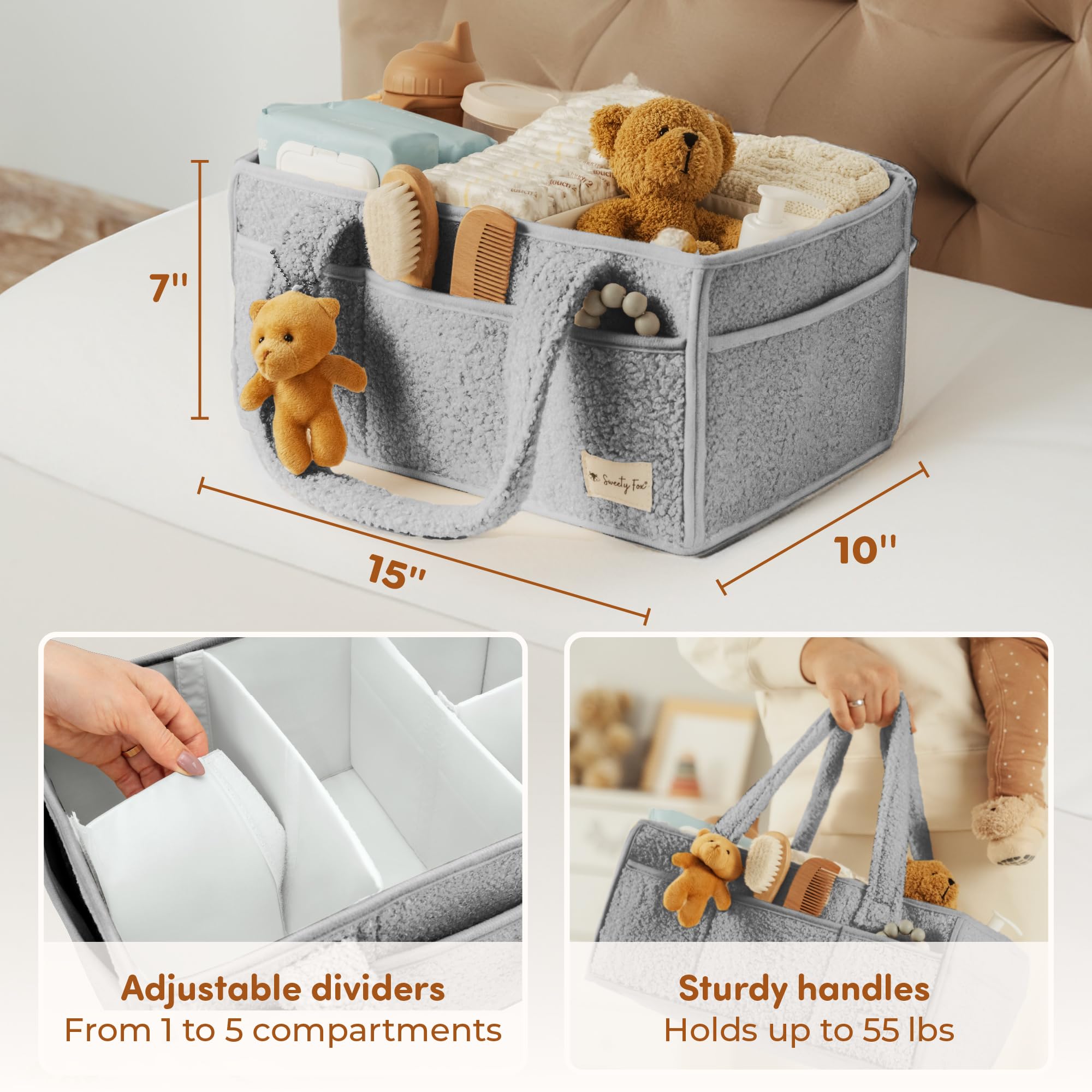 Sweety Fox nursery storage diaper caddy gray demonstrates tidy organization for diapers and wipes.