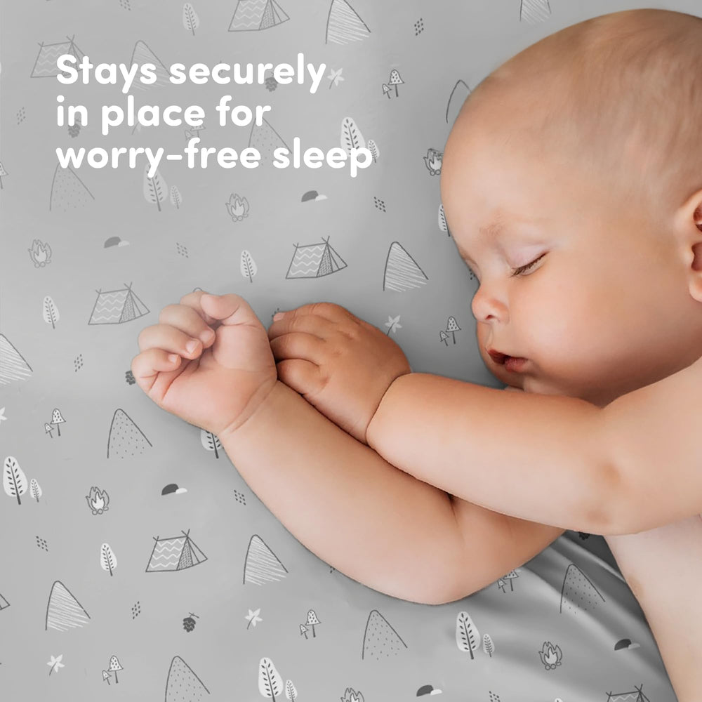 Sweety Fox snug-fit elastic crib sheet demonstrates secure, simple on-off