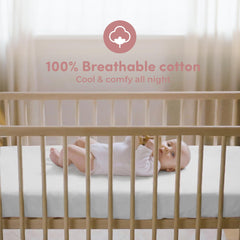 Sweety Fox mini fitted sheets on baby bed illustrating snug, secure fit for growing infants.