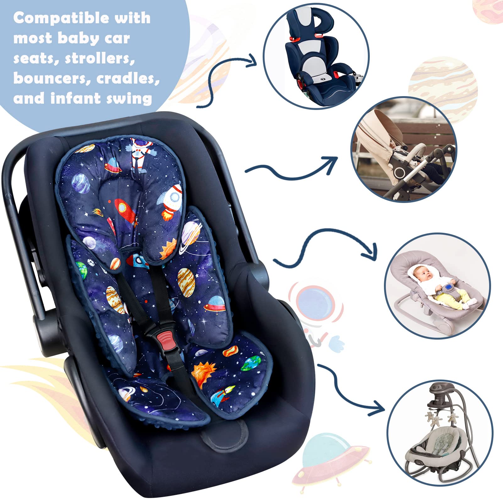 SWESEN adjustable head insert grows with baby for continued neck support.