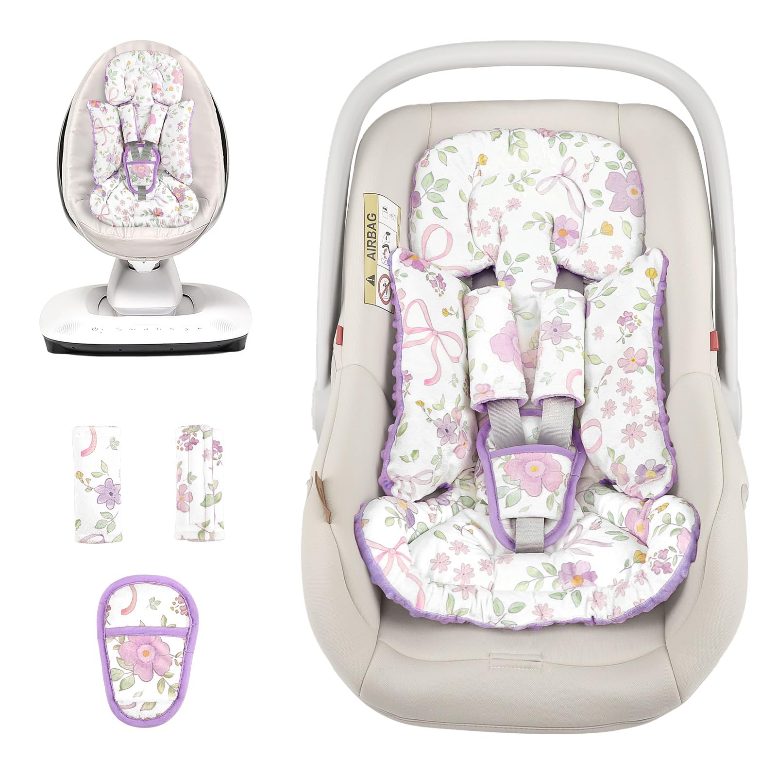 SWESEN infant car seat insert closeup of purple floral fabric for gentle skin contact