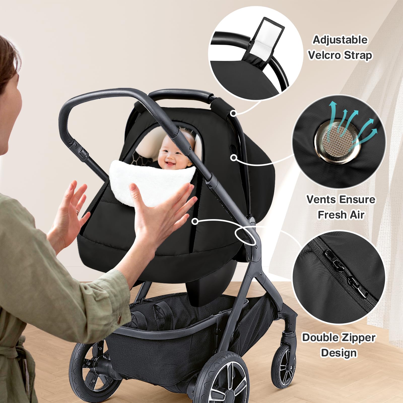 SWESEN infant cover demonstrates easy removal with zipper feature.