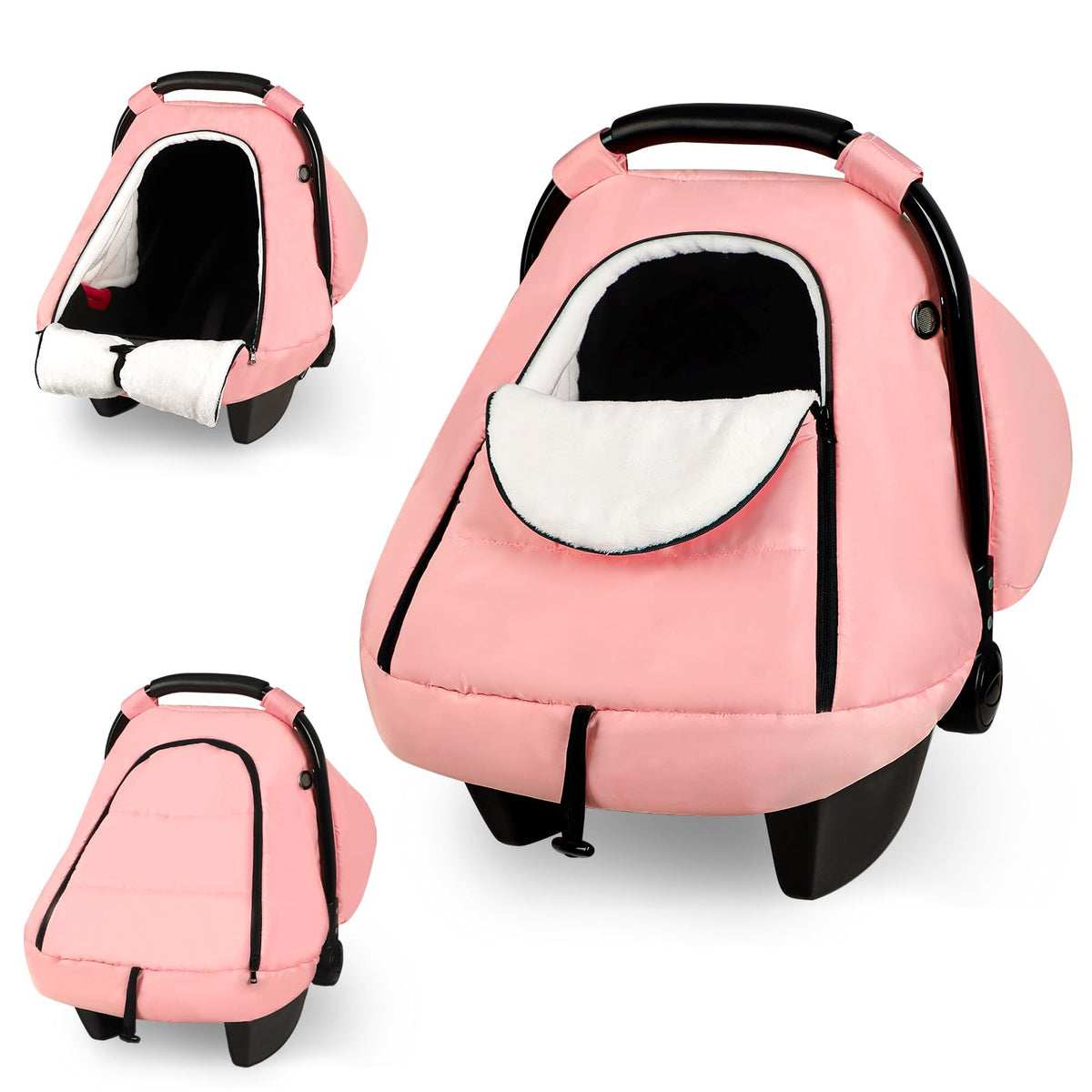 SWESEN pink winter car seat cover, open front view for quick baby access and interaction.