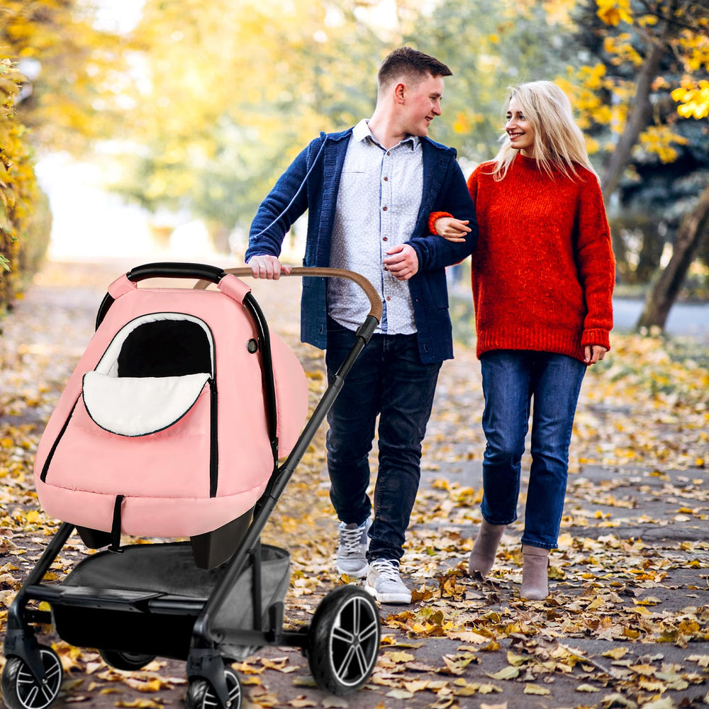 SWESEN pink winter car seat cover demonstrates stroller compatibility for versatile use.