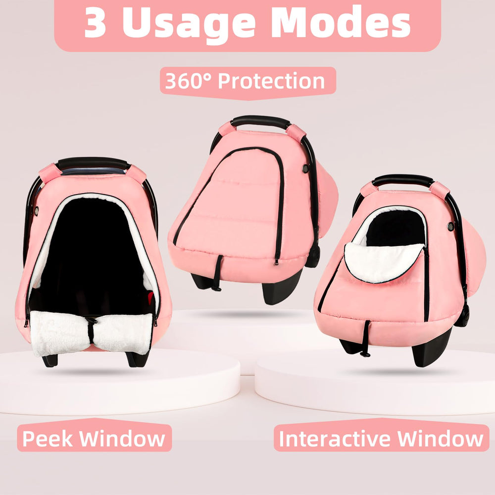 SWESEN pink winter car seat cover universal-fit with Velcro straps securing to handles.