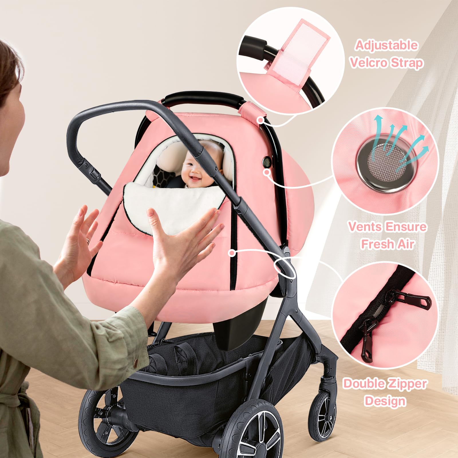SWESEN pink winter car seat cover zipper design with roll-away front flap for easy access.