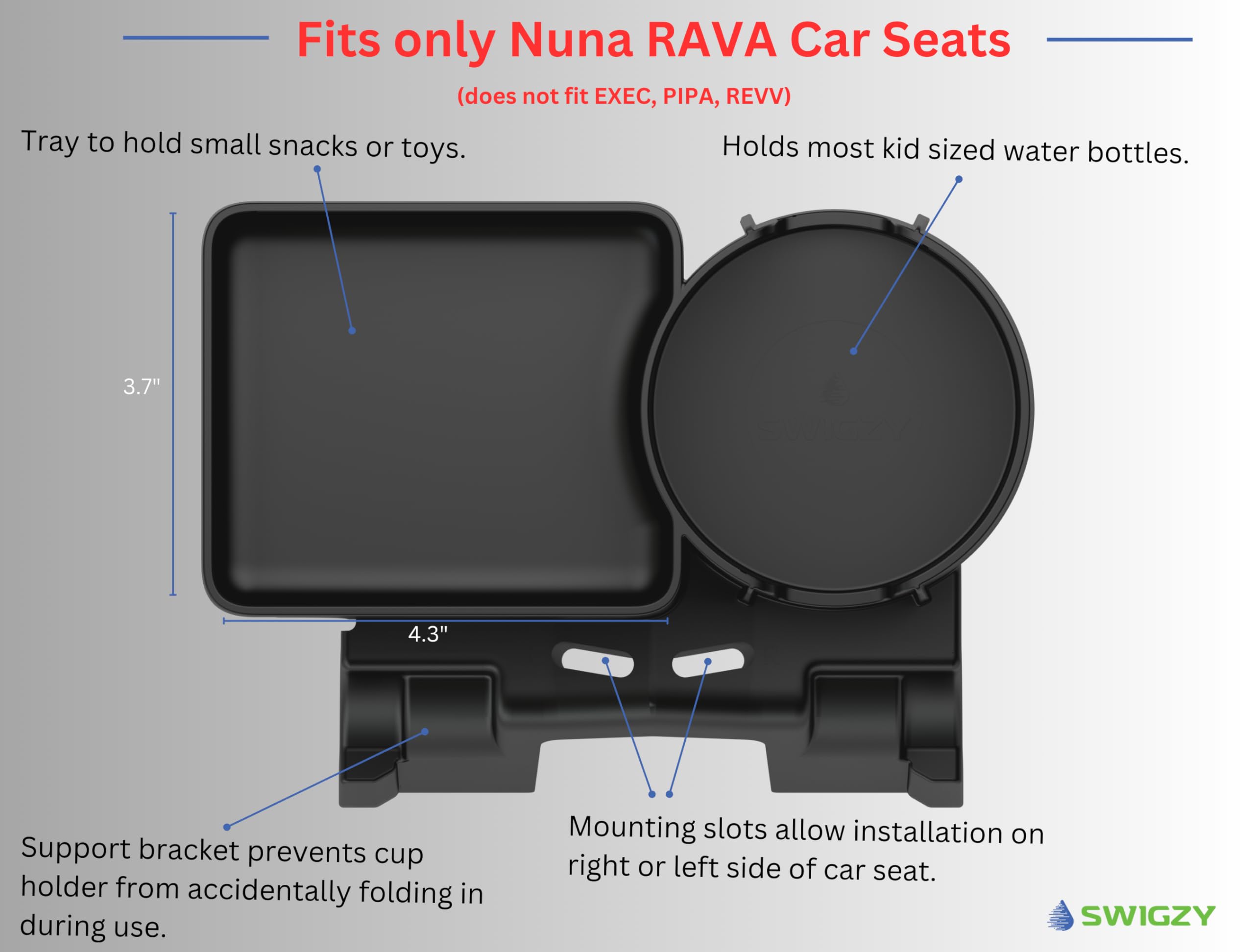 Swigzy snack tray showing mounting slots for easy tool-free installation on Nuna RAVA.