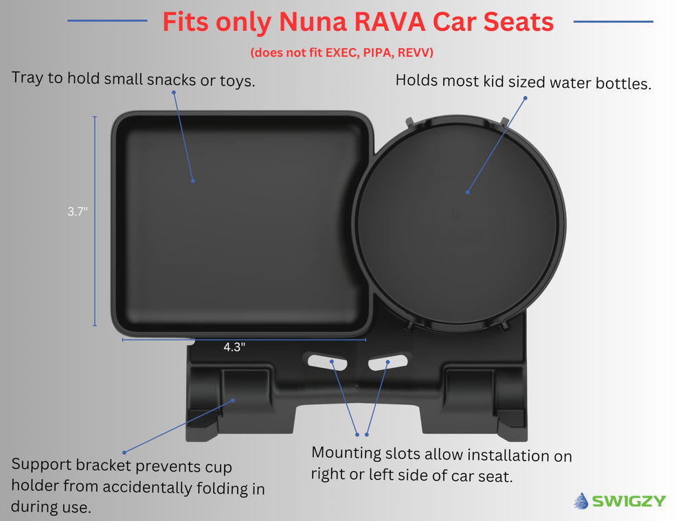 Swigzy snack tray showing mounting slots for easy tool-free installation on Nuna RAVA.