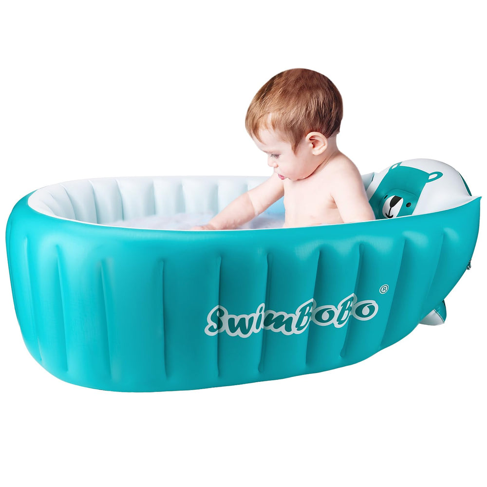 Swimbobo inflatable baby bath tub blue front view shows portable bathing solution.
