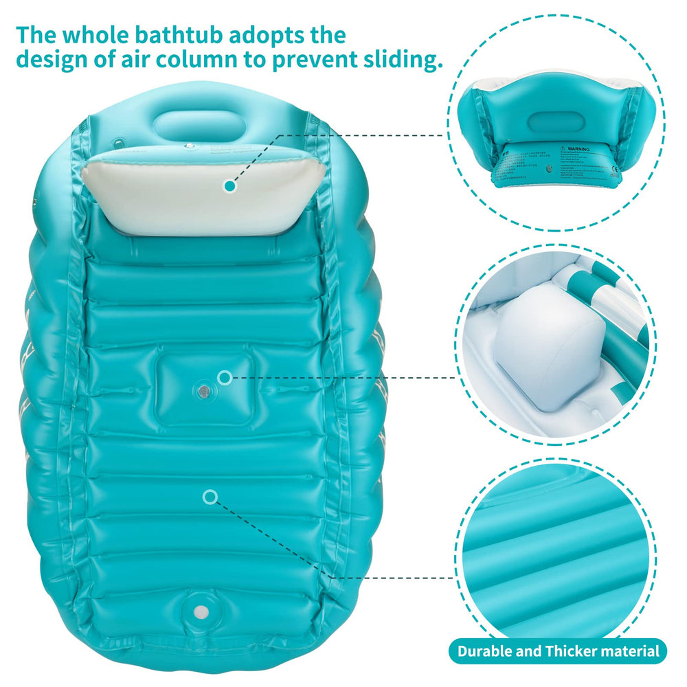 Swimbobo blue in-use tub at the beach signals versatile outdoor bath.