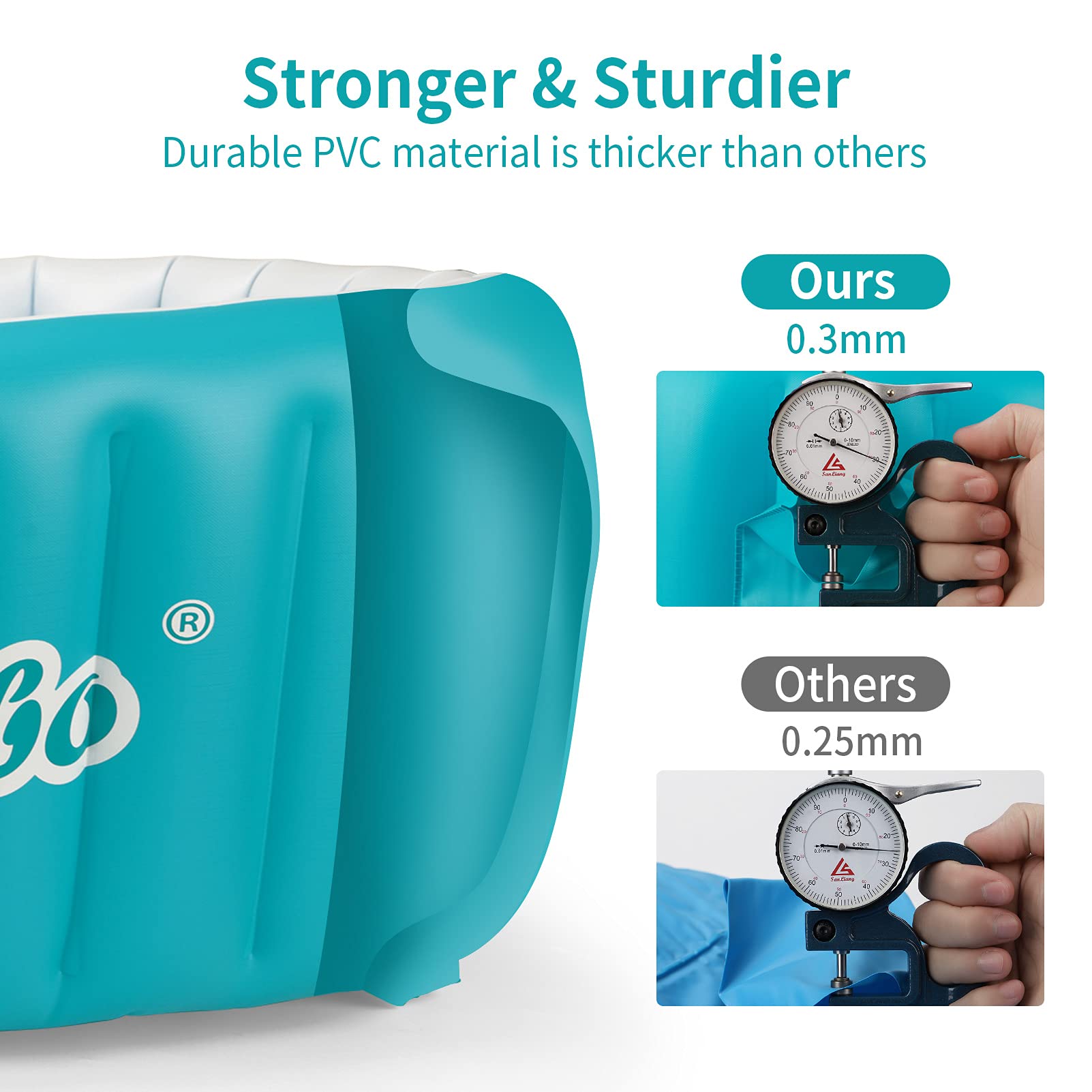 Swimbobo blue side view highlights foldable, travel-ready bath tub.
