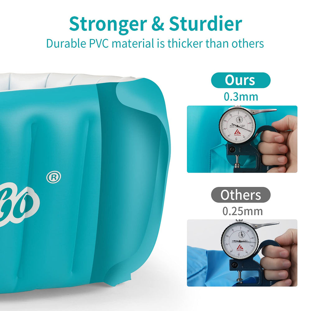 Swimbobo blue side view highlights foldable, travel-ready bath tub.