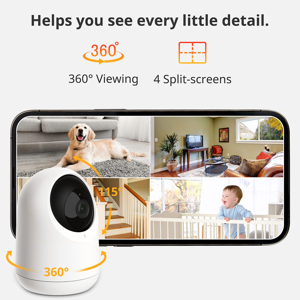 SwitchBot camera split-screen view covers multiple areas with no dead angles.