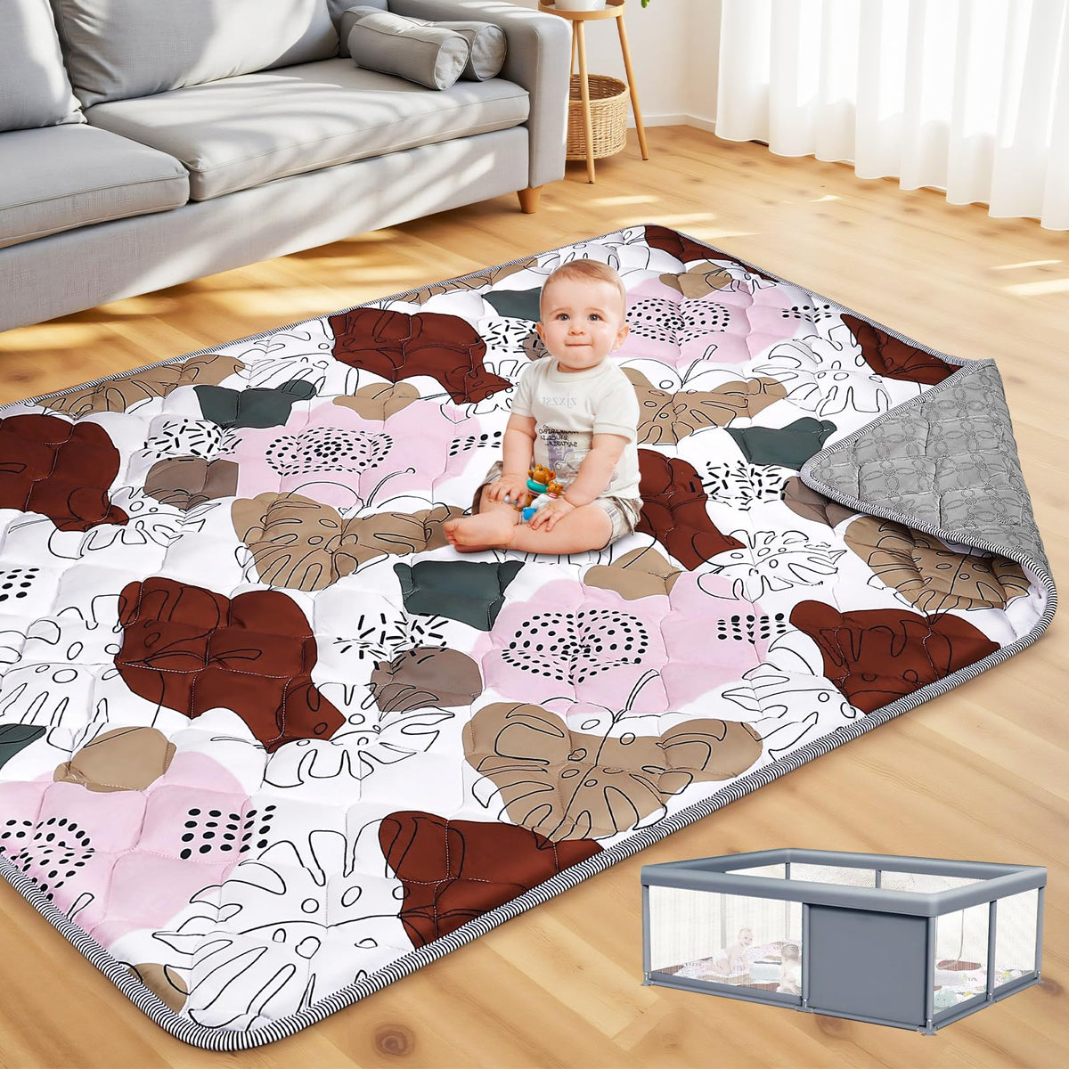 SWITMH 65x50 playpen mat folded compact for travel and storage.