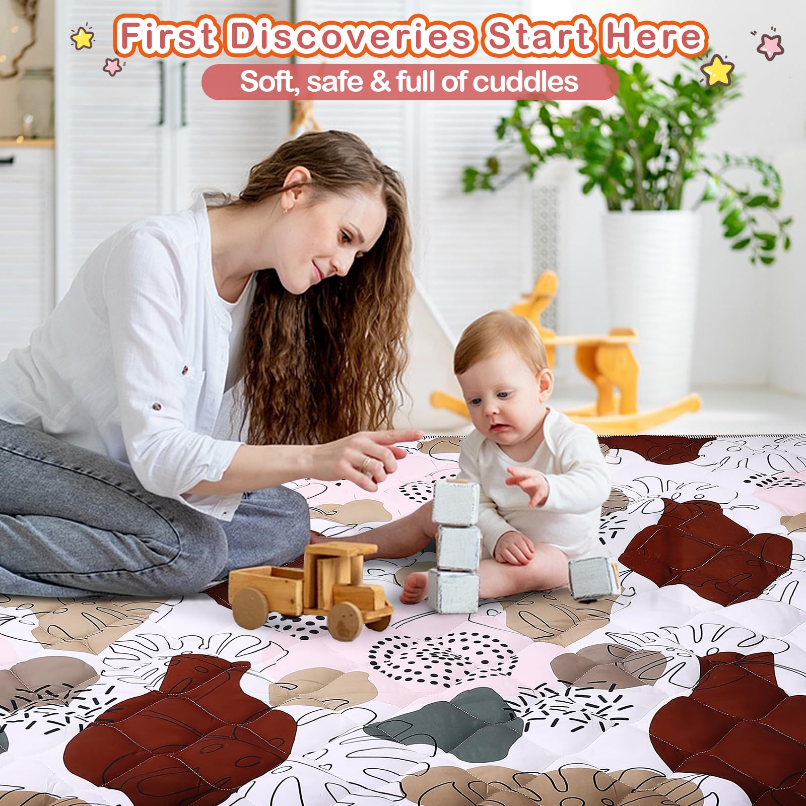 SWITMH boho-pattern playpen mat supports visual exploration in a stylish space.