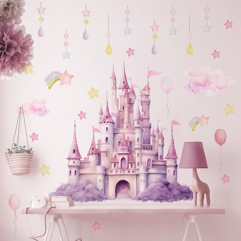 SWORNA princess wall decal castle large — creates a dreamy castle centerpiece in a princess-themed bedroom.