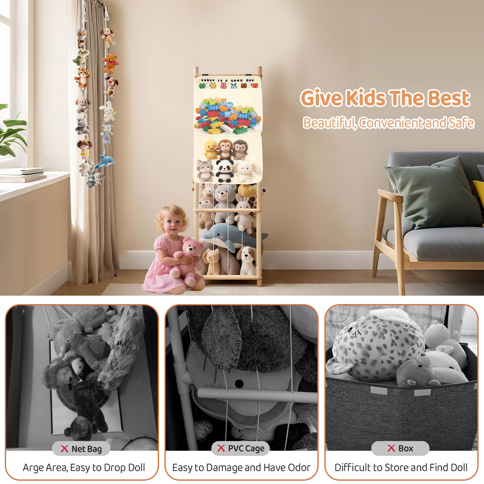 SXBSXB Stuffed Animal Zoo elastic rope net shows flexible capacity for different toy sizes.