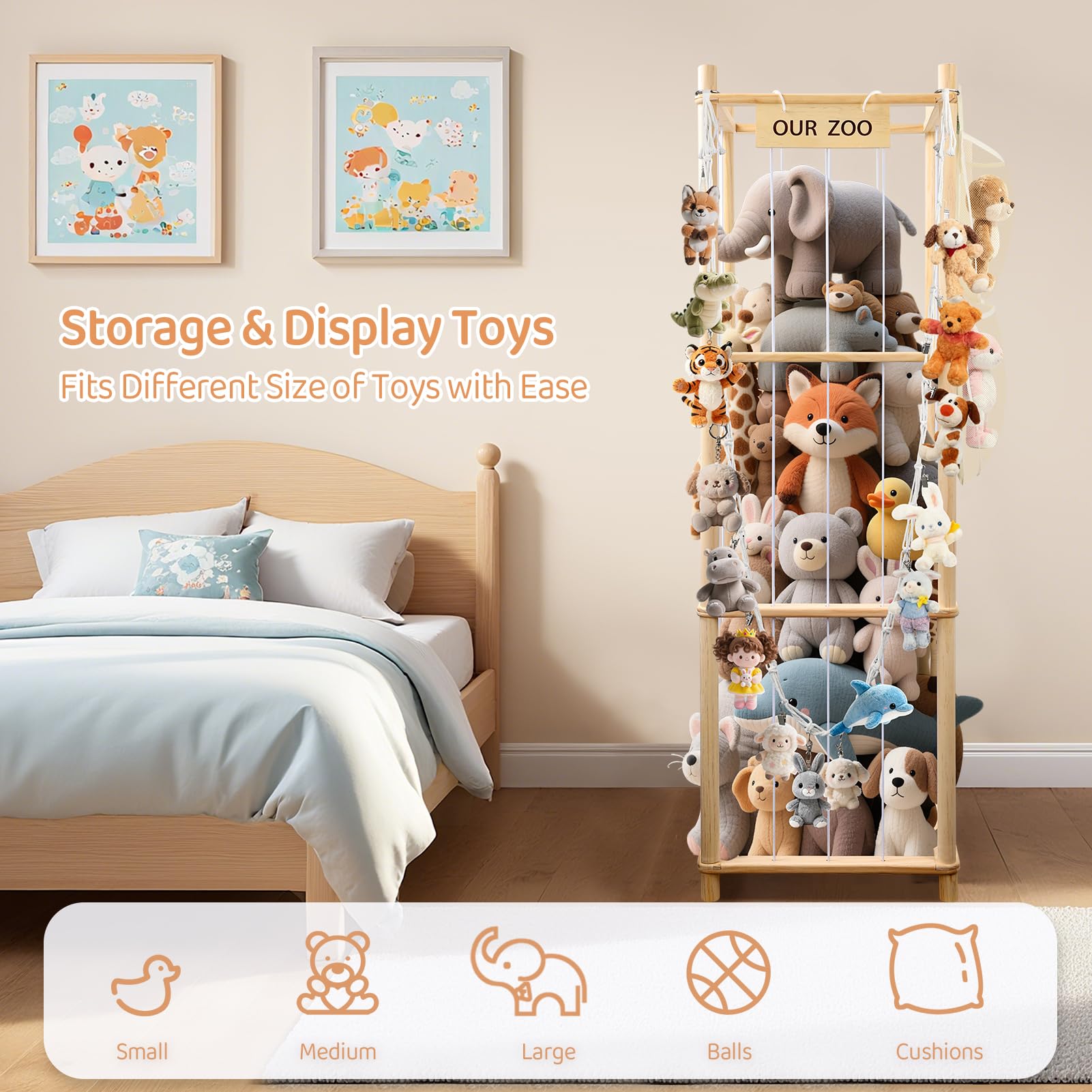 SXBSXB Stuffed Animal Zoo in child room illustrates clutter-free floor and tidy play area.