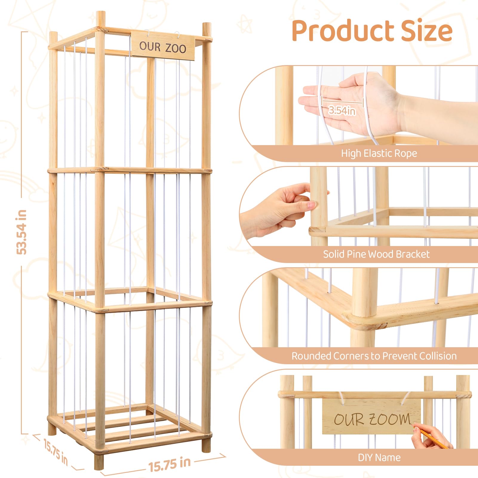 SXBSXB Stuffed Animal Zoo side view highlights sturdy pine frame and safe, burr-free edges.
