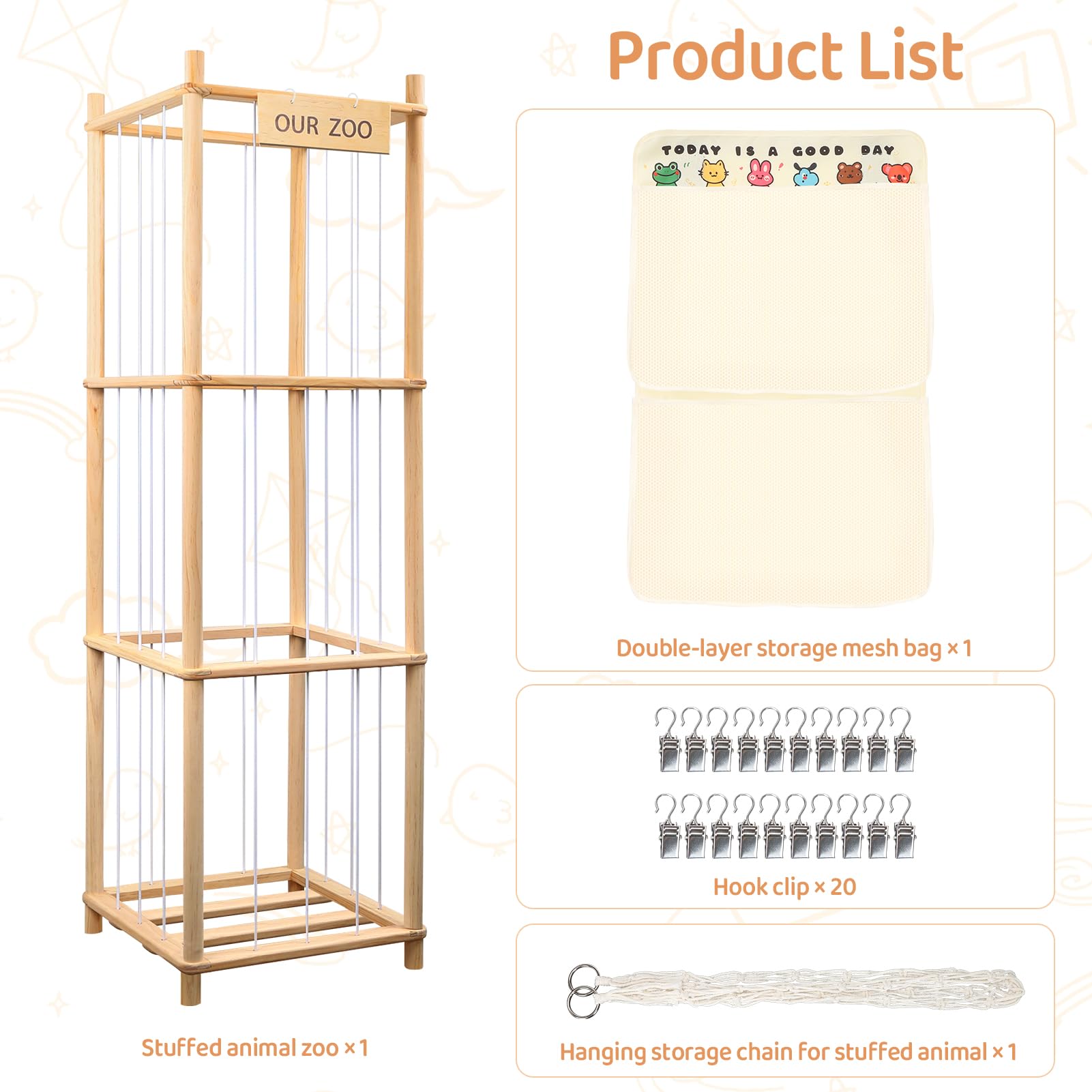 SXBSXB Stuffed Animal Zoo wooden frame closeup emphasizes natural pine texture and finish.