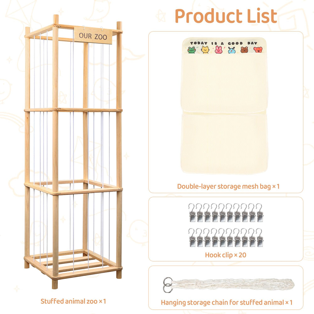 SXBSXB Stuffed Animal Zoo wooden frame closeup emphasizes natural pine texture and finish.