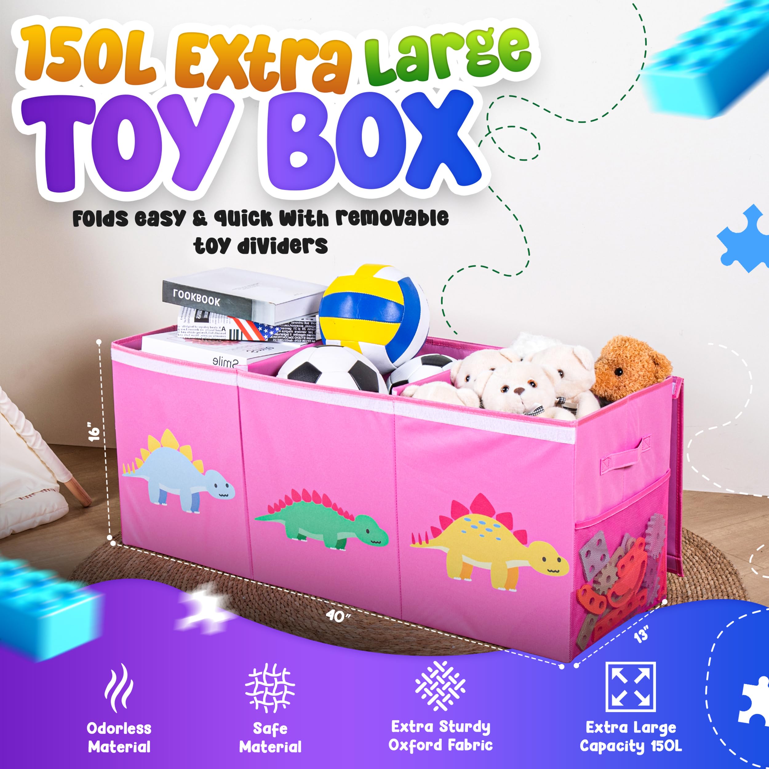 SYFIS Extra Large Toys Box side mesh pocket stores small items within reach.
