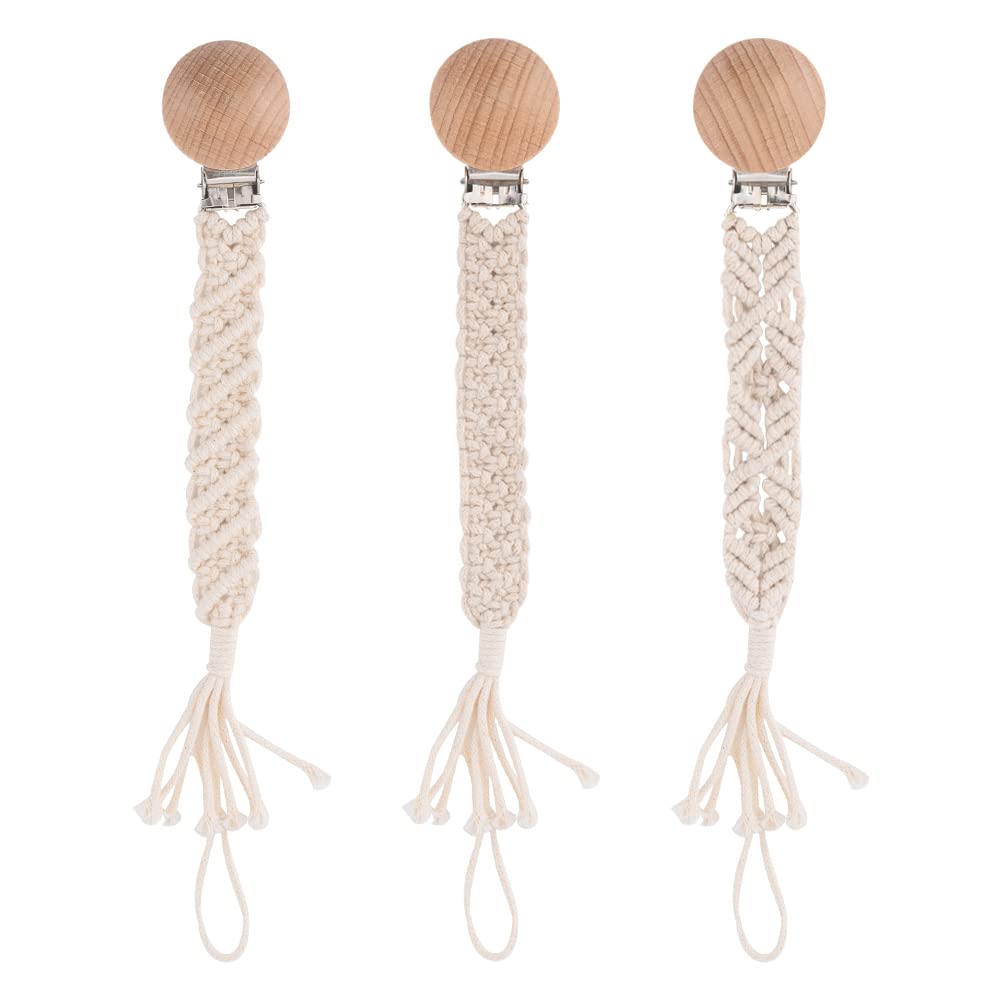Symbolife Boho pacifier clip closeup showing wooden clips and braided cotton for secure use