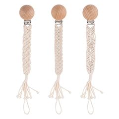 Symbolife Boho pacifier clip closeup showing wooden clips and braided cotton for secure use