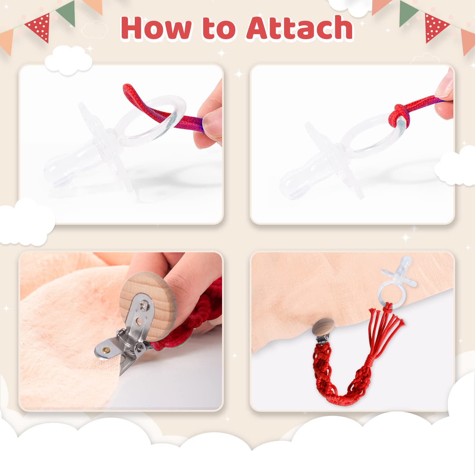 Symbolife easy attach pacifier clip clips onto clothes, bags, or strollers.