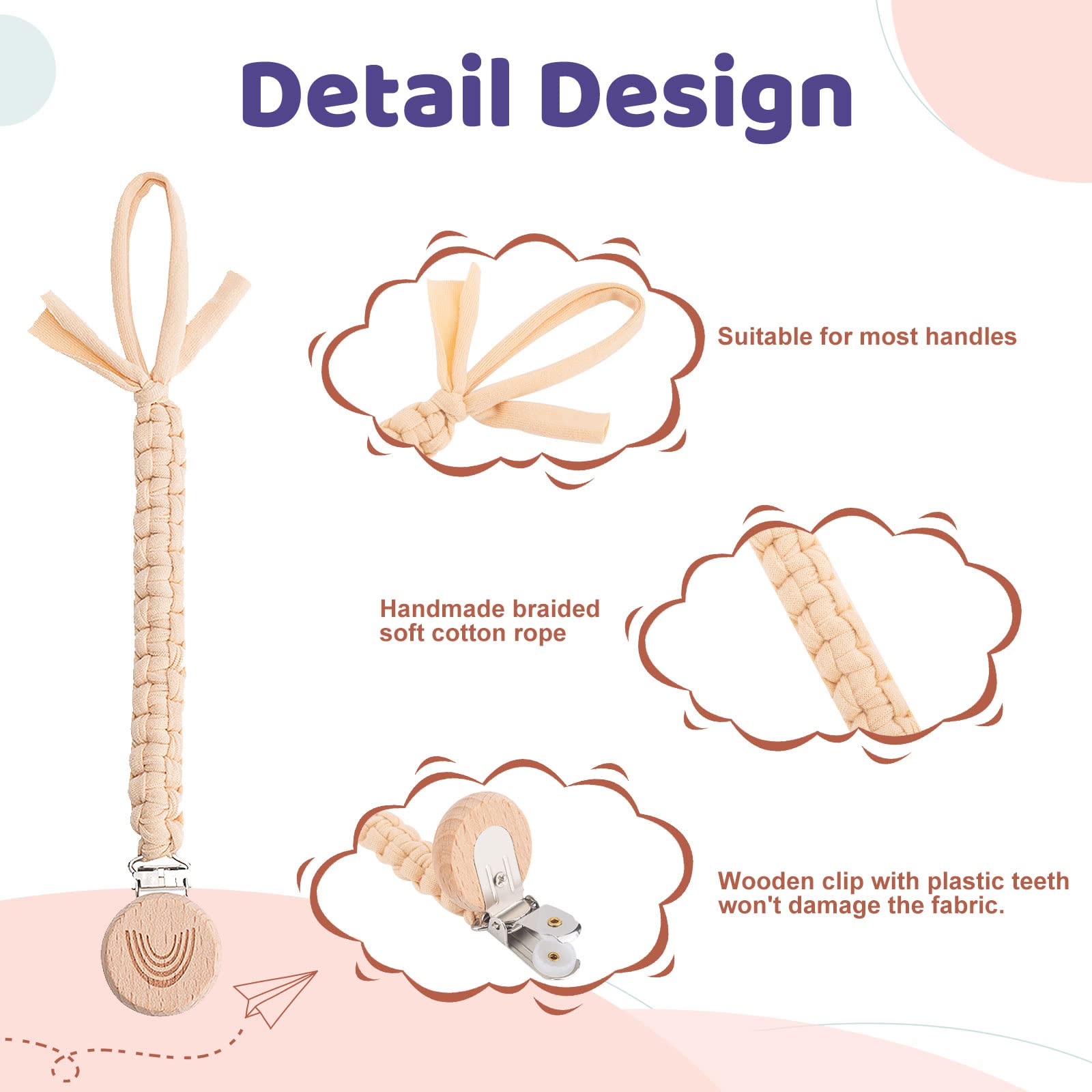 Symbolife pacifier clip braided cotton strap secures belongings without snagging fabric.