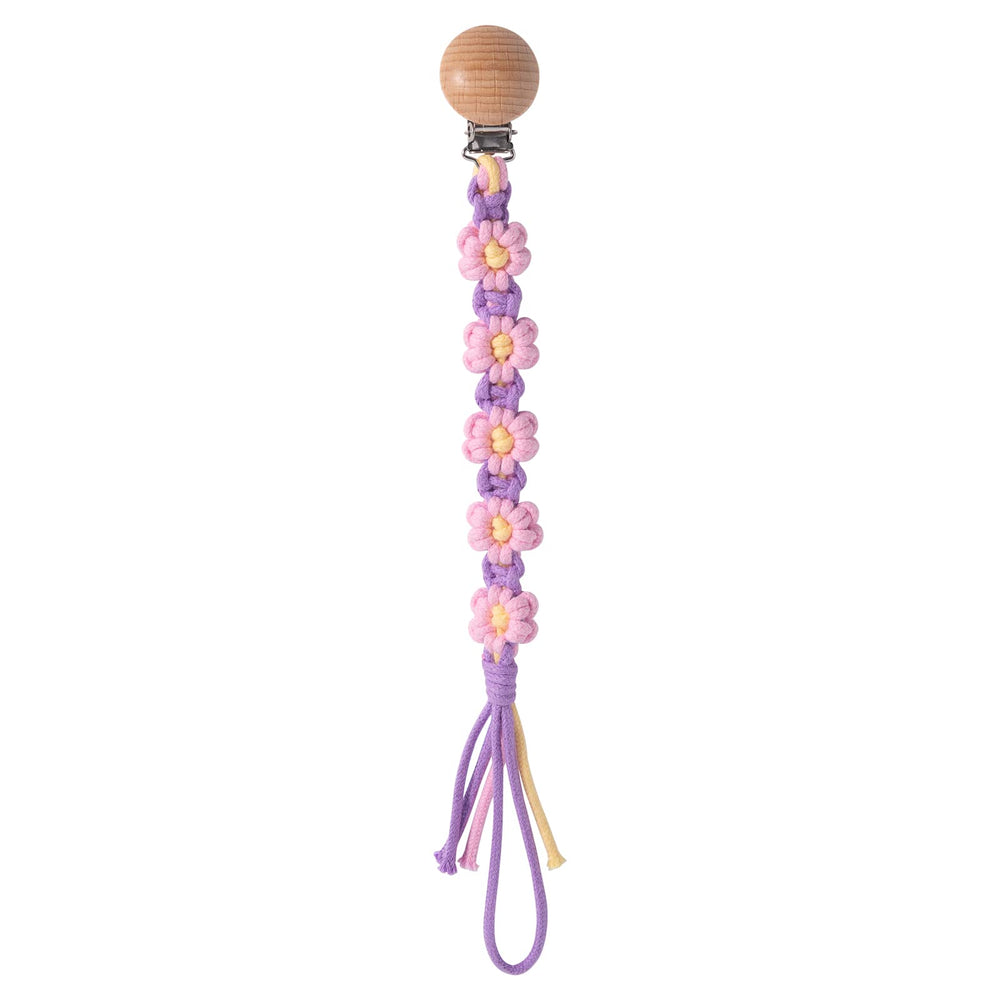 Symbolife pacifier clip with daisy macrame keeps pacifier within reach for busy parents