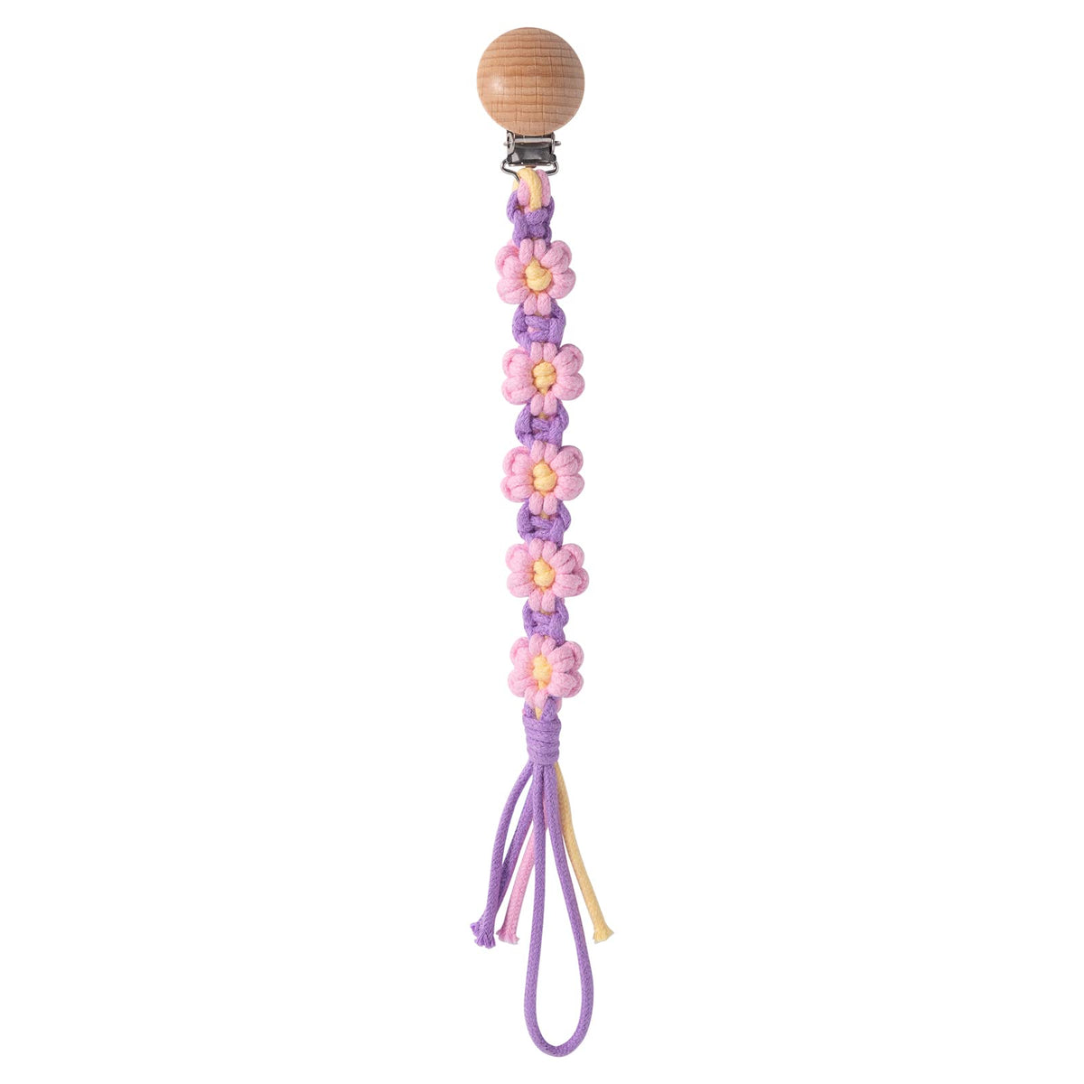 Symbolife pacifier clip with daisy macrame keeps pacifier within reach for busy parents