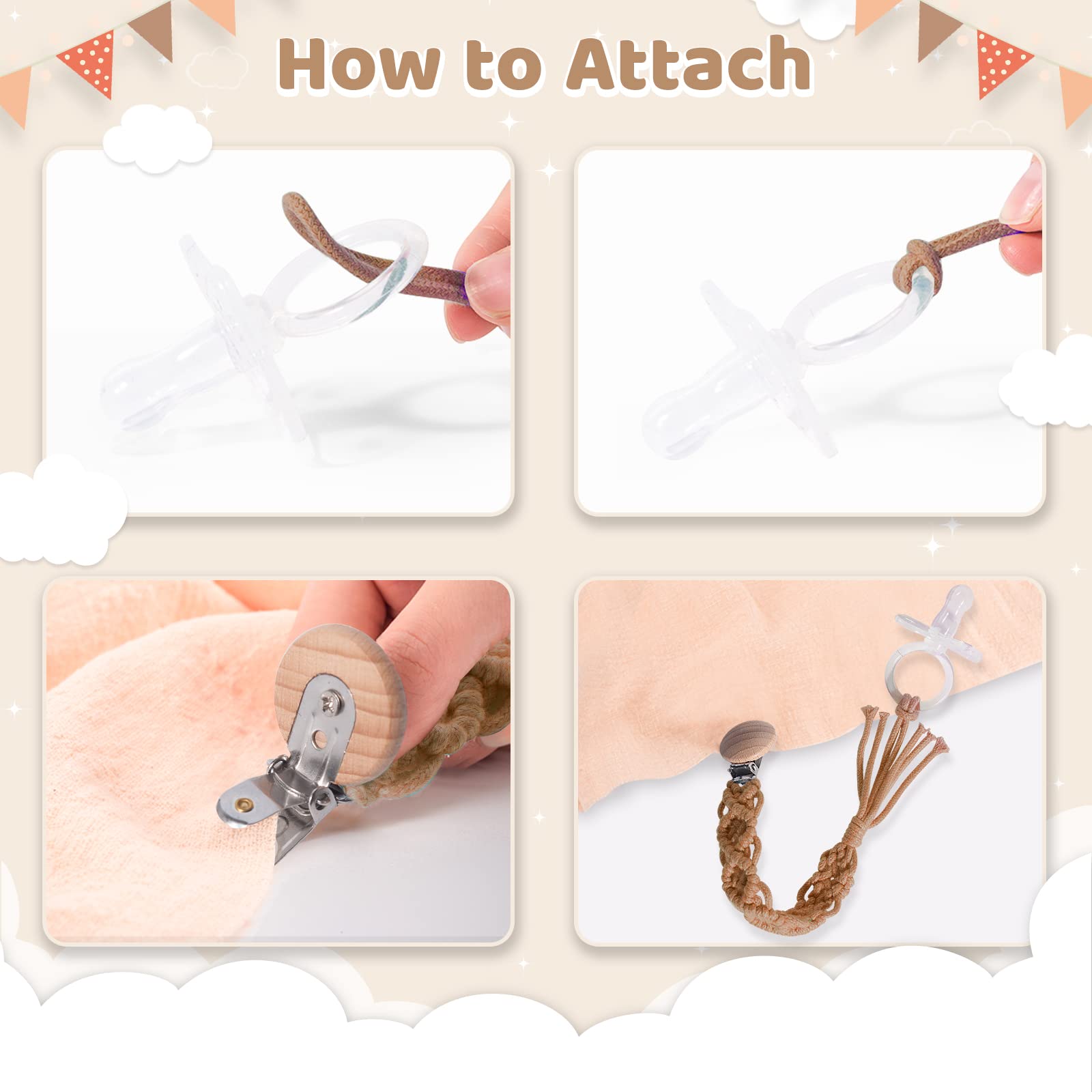 Symbolife pacifier clip easy attachment to clothes, bags, or stroller.