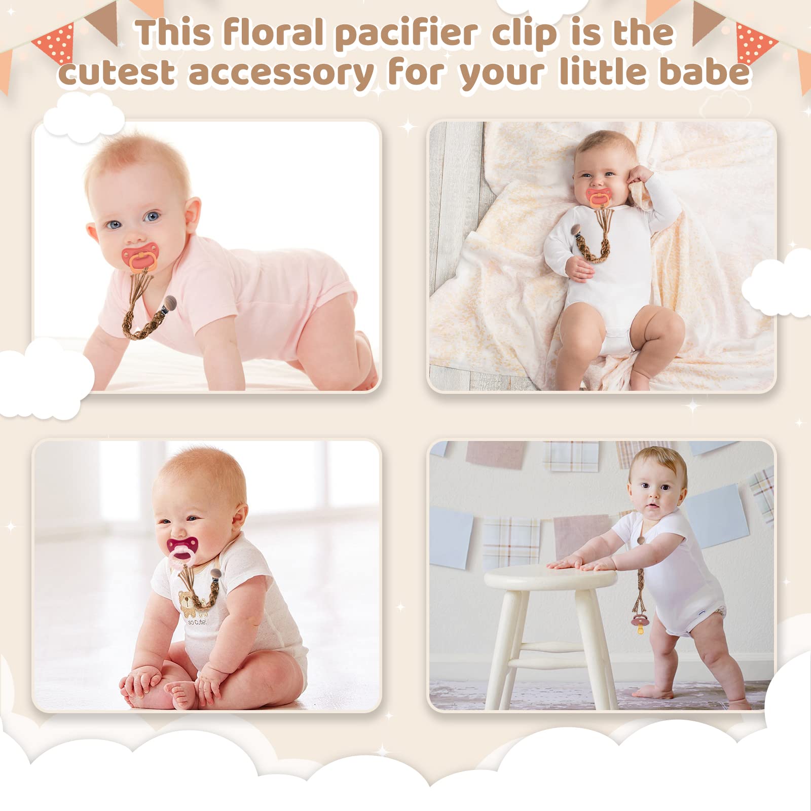 Symbolife pacifier clip shown on stroller accessory keeps pacifier tidy.