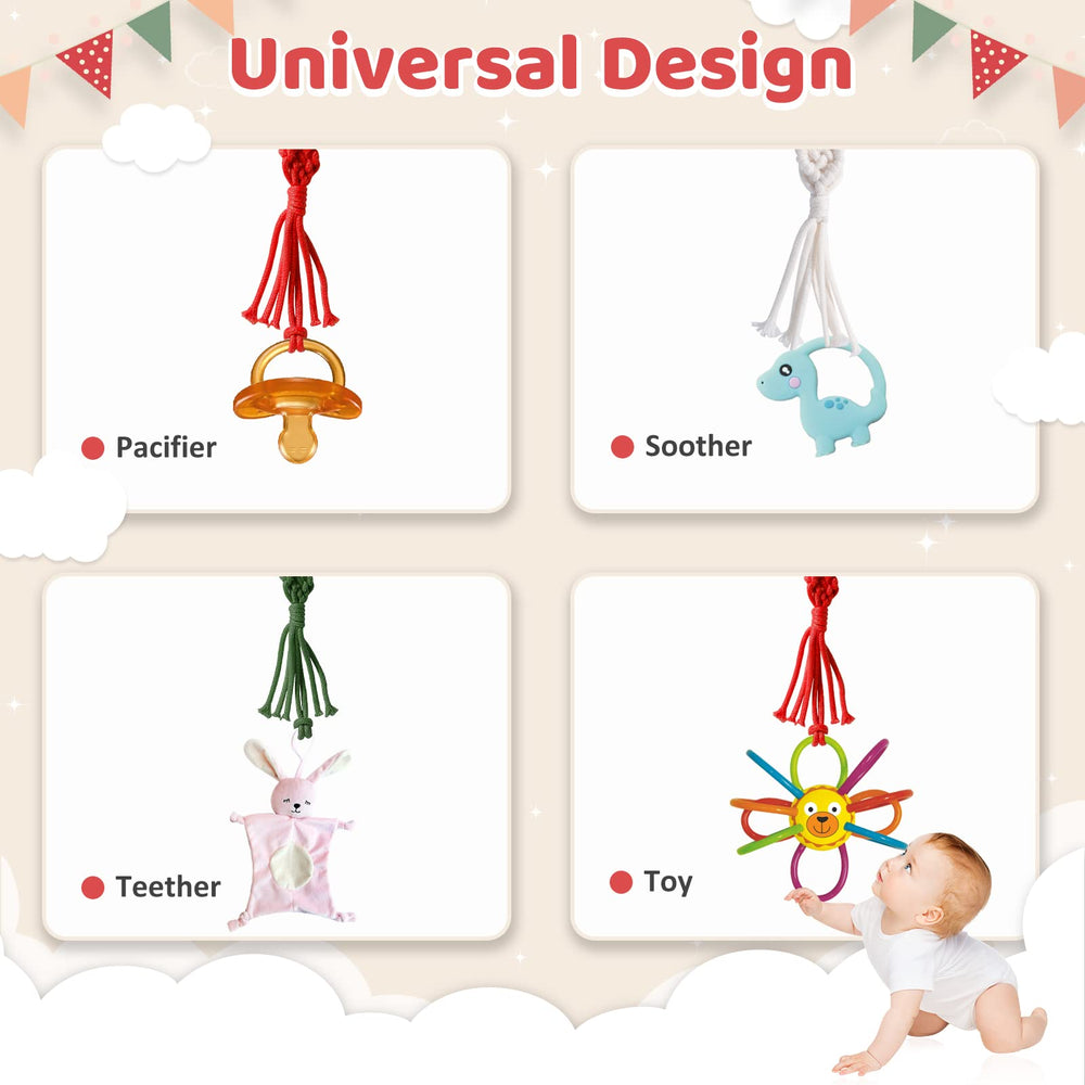 Symbolife pacifier clip close up shows secure wooden clip grip that protects clothes.