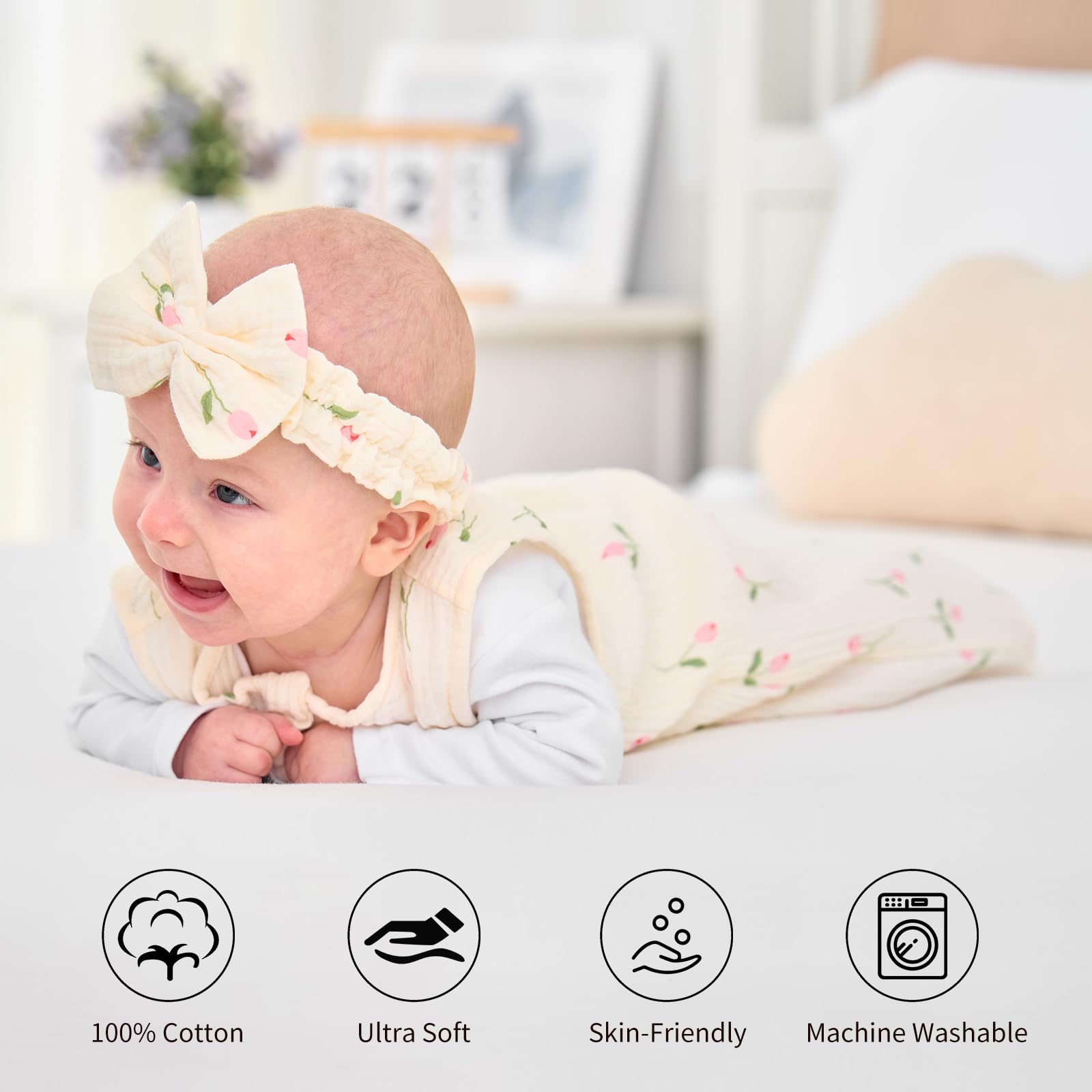 Synrroe newborn wearing sleep sack demonstrates secure, snug fit.
